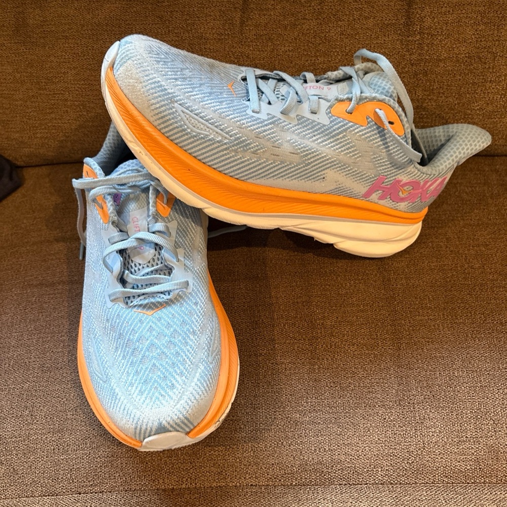 Hoka One One Women's Light Blue and Orange Running Sneakers